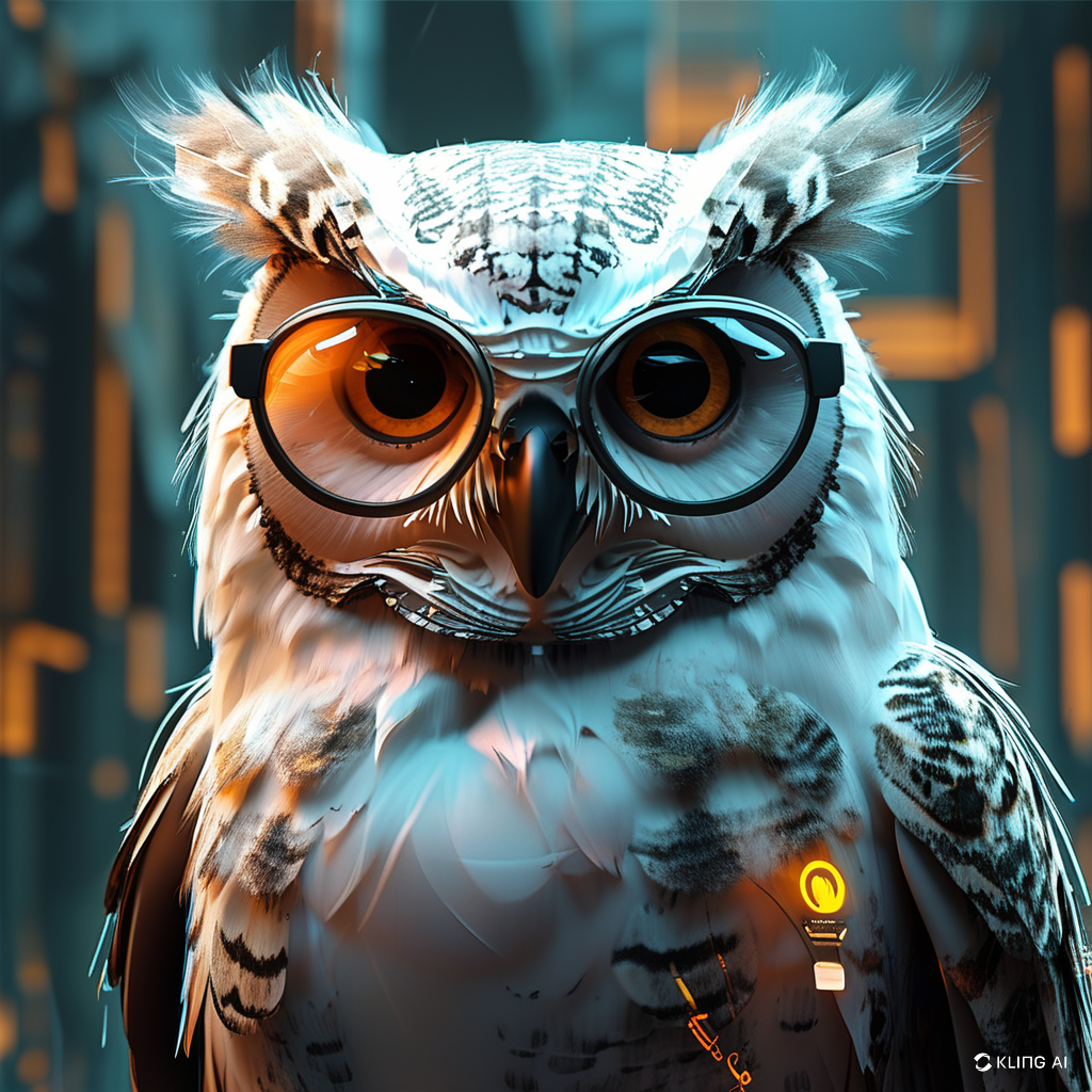 Nova, the futuristic owl with glowing eyes and digital circuit feathers, symbolizing wisdom and adaptability in the future of work.