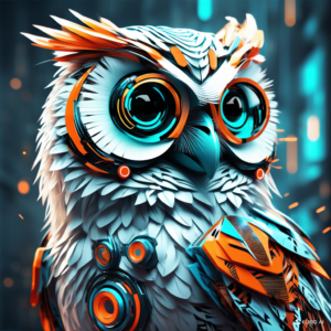 Nova, the futuristic owl with glowing eyes and digital circuit feathers, symbolizing wisdom and adaptability in the future of work.