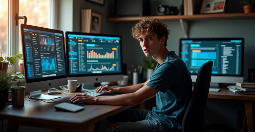 "A young adult mines cryptocurrency at a cluttered desk with multiple computer monitors displaying blockchain software interfaces, conveying focus and determination."