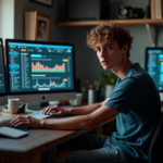 "A young adult mines cryptocurrency at a cluttered desk with multiple computer monitors displaying blockchain software interfaces, conveying focus and determination."