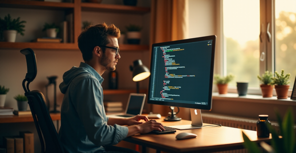 "A young adult prepares to code in a minimalist home office, surrounded by blockchain development resources, conveying determination to acquire future-proof skills."