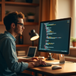 "A young adult prepares to code in a minimalist home office, surrounded by blockchain development resources, conveying determination to acquire future-proof skills."