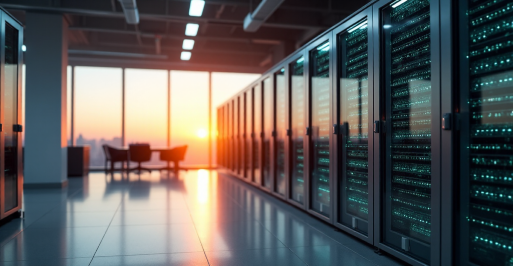 "A sleek data center server room surrounded by a modern office space with floor-to-ceiling glass windows offering a panoramic cityscape view at sunset, highlighting AI automation skills in action."