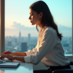 Stay Organized with Proven Remote Work Skills for Maximum Efficiency and Productivity A young professional woman sits at a minimalist desk, focused on her laptop as she organizes tasks with pen in hand, surrounded by serene cityscape during golden hour.