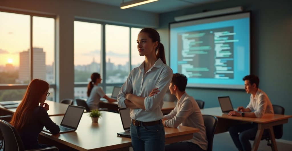 "A young educator stands confidently in a modern classroom surrounded by students working on AI and automation projects, emphasizing the importance of future-proof skills."