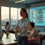 Teaching AI and Automation Skills in Educational Institutions for a Future-Proof Workforce "A young educator stands confidently in a modern classroom surrounded by students working on AI and automation projects, emphasizing the importance of future-proof skills."