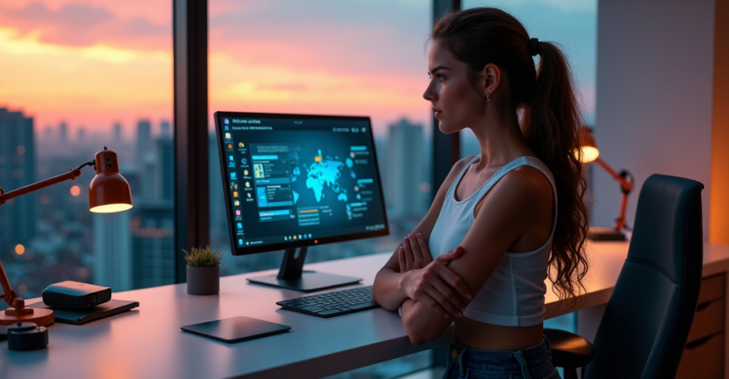 A young woman sits confidently at a minimalist desk, focused on an AI-powered learning interface displayed on her high-resolution computer monitor, surrounded by digital devices in a modern study room with a cityscape view at sunset.