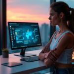 Unlock Your Potential with Nova's AI-Powered Learning Tools A young woman sits confidently at a minimalist desk, focused on an AI-powered learning interface displayed on her high-resolution computer monitor, surrounded by digital devices in a modern study room with a cityscape view at sunset.