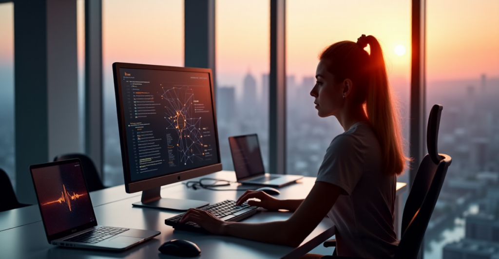 "A young woman studies a blockchain network diagram on her computer, surrounded by crypto equipment in a futuristic cityscape."