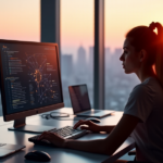 Blockchain Education and Crypto Training The Future of NFTs in Blockchain Technology "A young woman studies a blockchain network diagram on her computer, surrounded by crypto equipment in a futuristic cityscape."