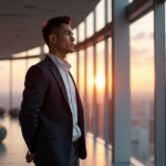 "A young professional stands confidently in a futuristic office space, exuding determination and forward-thinking as they gaze out at a vibrant cityscape."