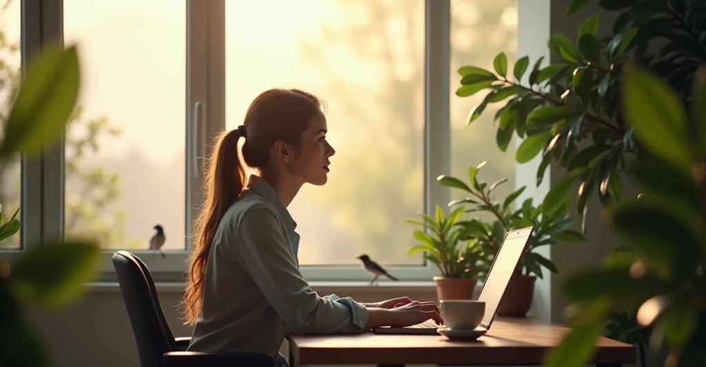 A professional sits at a minimalist desk amidst lush greenery, laptop open with coffee nearby, lost in thought amidst a serene home office environment.