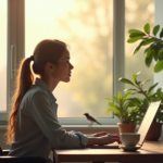 Achieving Balance in Remote Work: Essential Skills for Modern Professionals A professional sits at a minimalist desk amidst lush greenery, laptop open with coffee nearby, lost in thought amidst a serene home office environment.