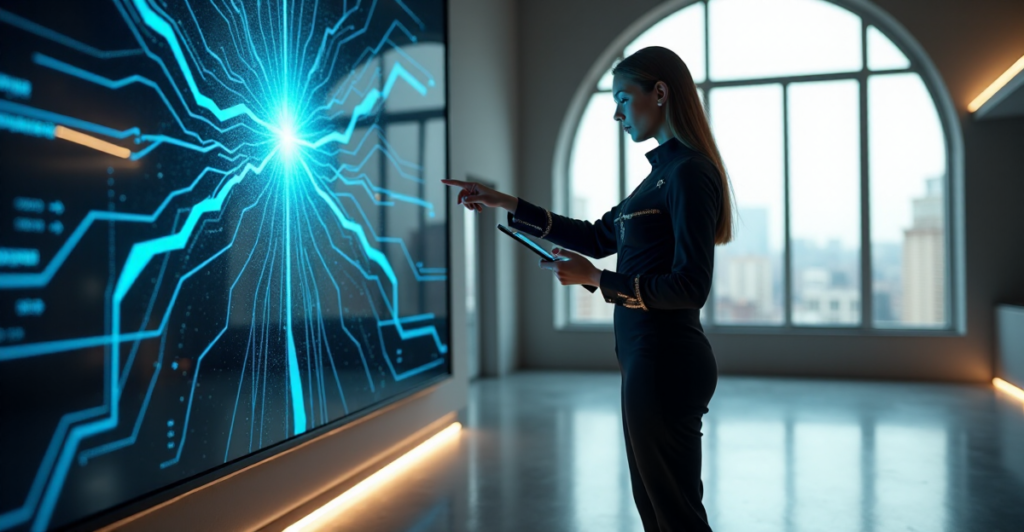 "A data scientist stands in front of a large screen displaying intricate data analytics patterns, intensely focused on uncovering insights with AI automation skills."