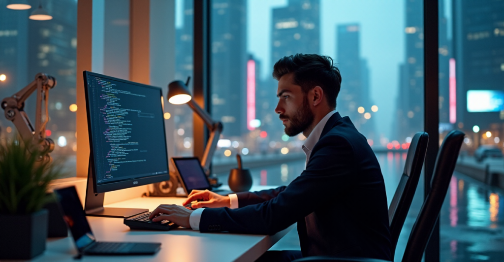"A young professional sits at a minimalist desk, surrounded by AI gadgets and futuristic devices, intensely focused on coding to develop AI automation skills amidst a futuristic cityscape."