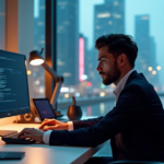 Building AI Automation Skills for a Competitive Edge in the Future Workforce "A young professional sits at a minimalist desk, surrounded by AI gadgets and futuristic devices, intensely focused on coding to develop AI automation skills amidst a futuristic cityscape."