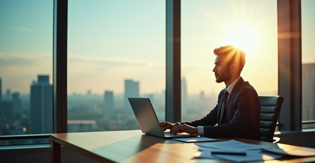 "A young professional sits confidently at a wooden desk, laptop open to a job search website, surrounded by internship documents and certificates, gazing out of a large window into a bright office environment with cityscape."