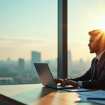 "A young professional sits confidently at a wooden desk, laptop open to a job search website, surrounded by internship documents and certificates, gazing out of a large window into a bright office environment with cityscape."