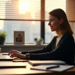 Navigate Remote Work Challenges Like a Pro with Essential Skills A young professional woman sits at a cluttered yet organized desk, focused on her laptop displaying a virtual meeting interface, with sunlight filtering through blinds casting a warm glow across her face."