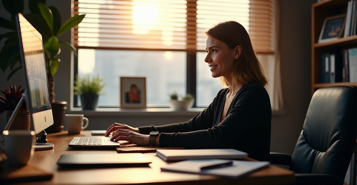 A young professional woman sits at a cluttered yet organized desk, focused on her laptop displaying a virtual meeting interface, with sunlight filtering through blinds casting a warm glow across her face.