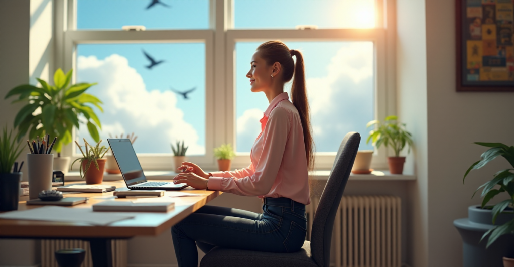 "A young woman sits confidently at a cluttered desk, surrounded by laptops and papers, gazing out a sunny window with determination and focus, highlighting her AI automation skills in a freelance work environment."