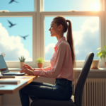 "A young woman sits confidently at a cluttered desk, surrounded by laptops and papers, gazing out a sunny window with determination and focus, highlighting her AI automation skills in a freelance work environment."