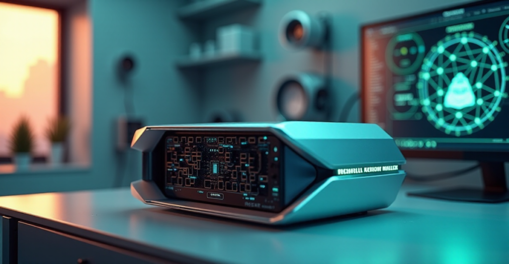 "Image of a sleek blockchain node server in a modern laboratory setting with AI automation skills and blockchain architecture basics on display."