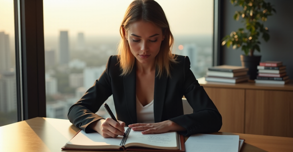 "A young professional woman sits at a desk, surrounded by self-improvement books, with a cityscape visible through floor-to-ceiling windows, focused on her leather-bound planner to develop future-proof skills."