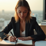 Career Advancement Strategies: Mastering Ambition with Realistic Goals "A young professional woman sits at a desk, surrounded by self-improvement books, with a cityscape visible through floor-to-ceiling windows, focused on her leather-bound planner to develop future-proof skills."