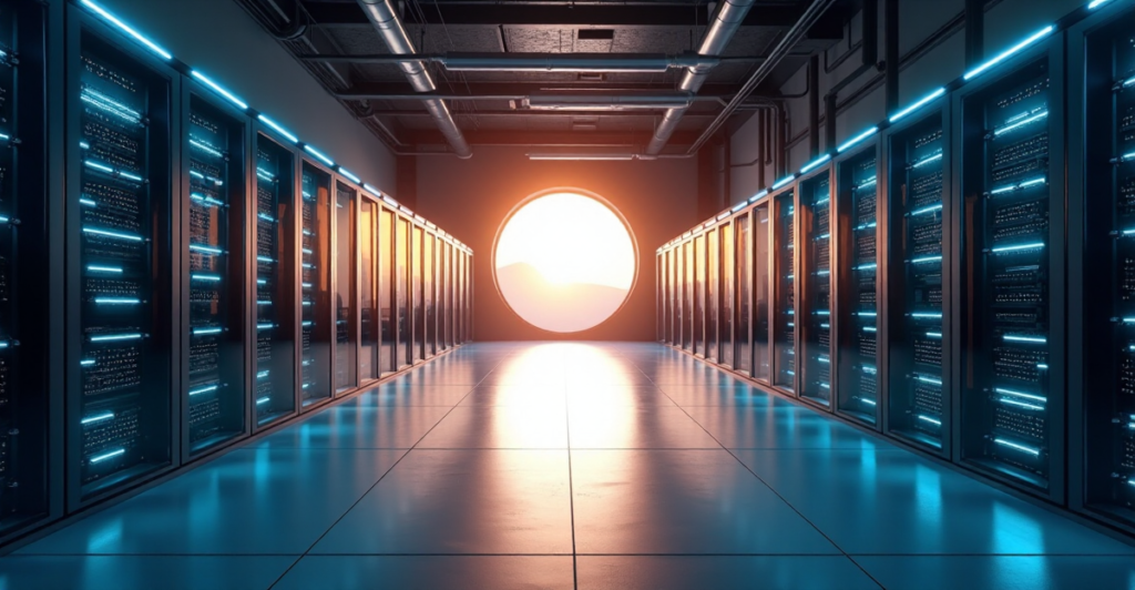 "High-tech server room with sleek servers, soft blue glow, and natural light, conveying serenity and cutting-edge data analysis capabilities through AI automation skills."
