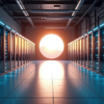 Data Science and Analytics: Unlocking Cybersecurity with AI-Driven Insights "High-tech server room with sleek servers, soft blue glow, and natural light, conveying serenity and cutting-edge data analysis capabilities through AI automation skills."