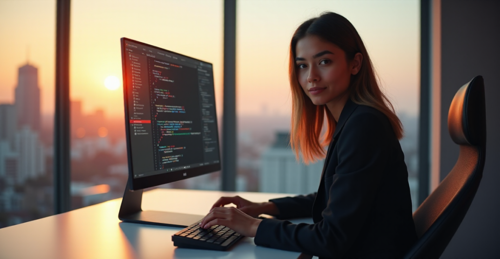 "A young professional sits confidently at a modern desk, poised to tackle complex challenges with AI automation skills in a well-lit office space."