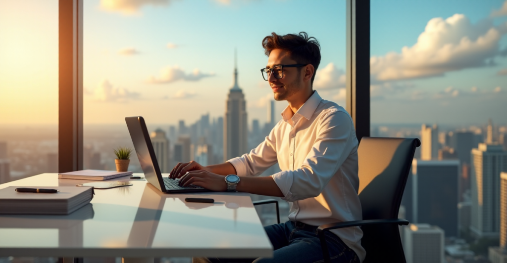 "A young freelancer sits confidently at a minimalist desk with a cityscape behind them, working on AI-driven tools and project management software."