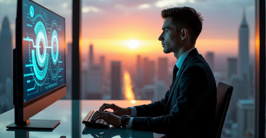 "A young professional sits confidently at a modern desk in a high-tech office with a futuristic cityscape view, focused on integrating human skills with AI automation."