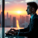 Future-Proof Your Career with Essential AI Automation Skills for Long-Term Success "A young professional sits confidently at a modern desk in a high-tech office with a futuristic cityscape view, focused on integrating human skills with AI automation."