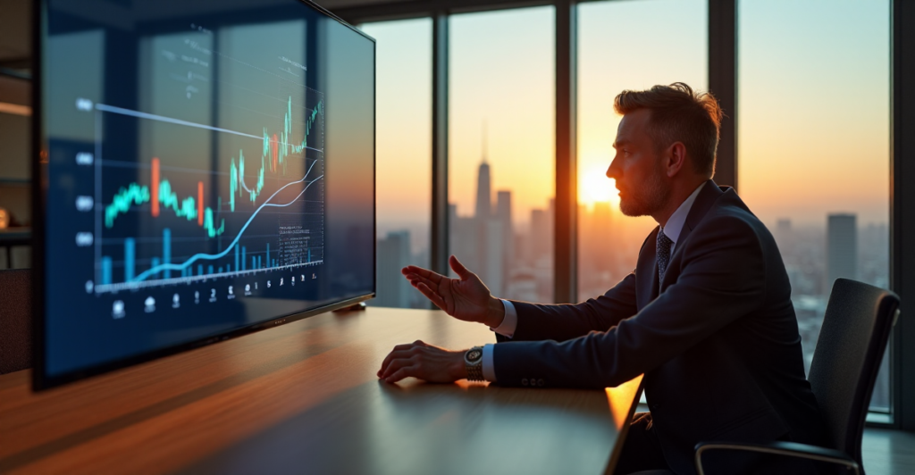 "A senior executive sits confidently behind a desk, gesturing towards a data visualization graph on a large screen, conveying determination and growth-oriented mindset."