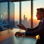 How to Use Data Analytics for Strategic Risk Management and Business Growth "A senior executive sits confidently behind a desk, gesturing towards a data visualization graph on a large screen, conveying determination and growth-oriented mindset."