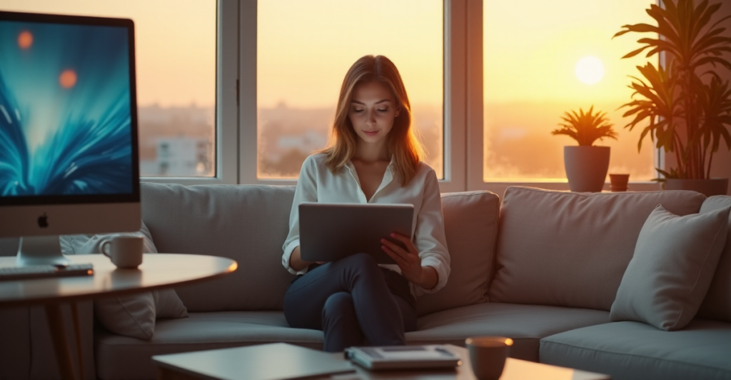 "A young professional woman sits calmly on a modern couch in a spacious home office with natural light, surrounded by AI-powered technology and remote work tools, exuding confidence and poise."