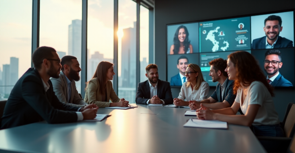 "A diverse group of professionals from various ethnic backgrounds collaborate using AI-powered tools in a modern office setting, conveying inclusivity and trust."