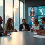 "A diverse group of professionals from various ethnic backgrounds collaborate using AI-powered tools in a modern office setting, conveying inclusivity and trust."