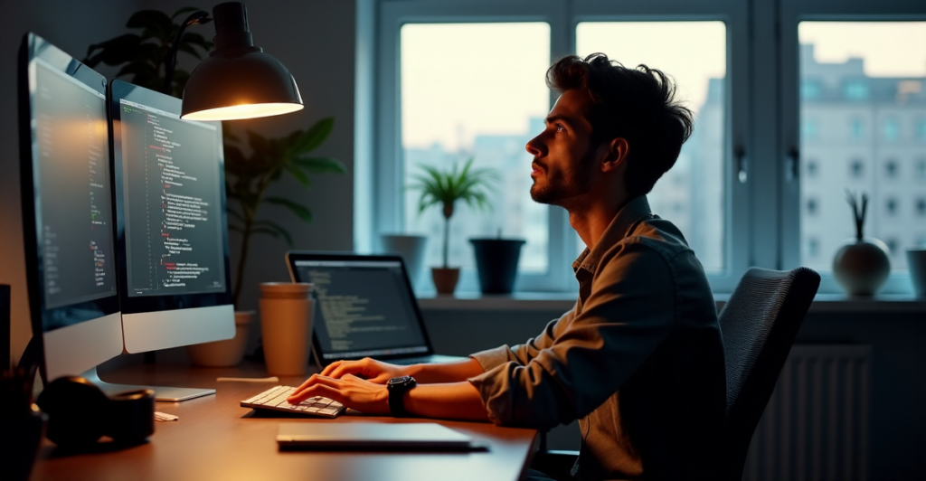 "A young professional sits at a cluttered desk, focused on coding with AI automation skills in mind, surrounded by freelancing tools in a minimalist office space."