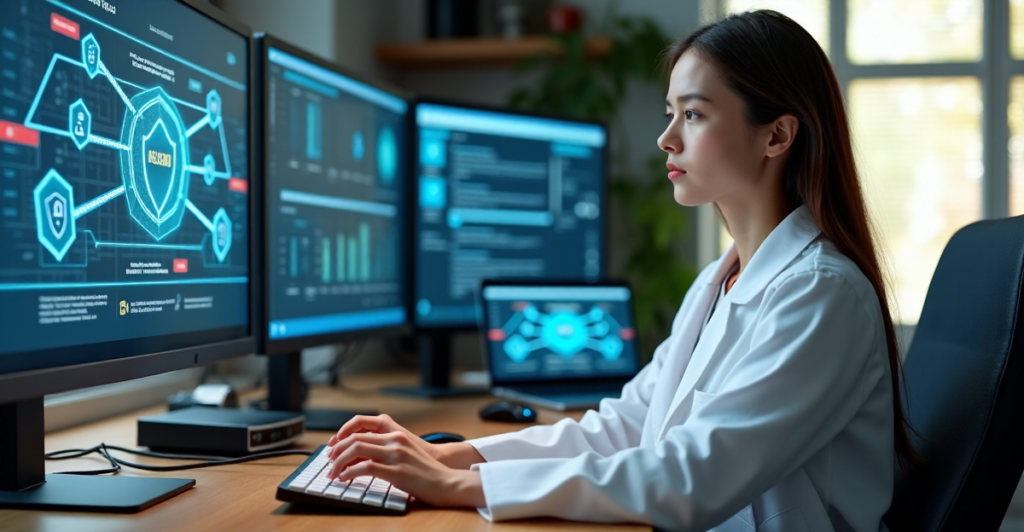 "A young woman in a white lab coat sits at a desk surrounded by computer screens and blockchain network diagrams, exemplifying future-proof skills in cybersecurity."
