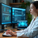 Blockchain Education and Cybersecurity: Enhancing Digital Safety with Blockchain Technology "A young woman in a white lab coat sits at a desk surrounded by computer screens and blockchain network diagrams, exemplifying future-proof skills in cybersecurity."