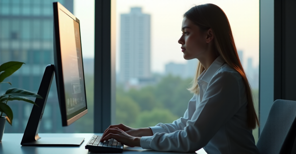 "A young adult sits at a minimalist desk, intensely focused on an AI automation interface, with hands typing on a keyboard, conveying determination and curiosity in a modern urban setting."
