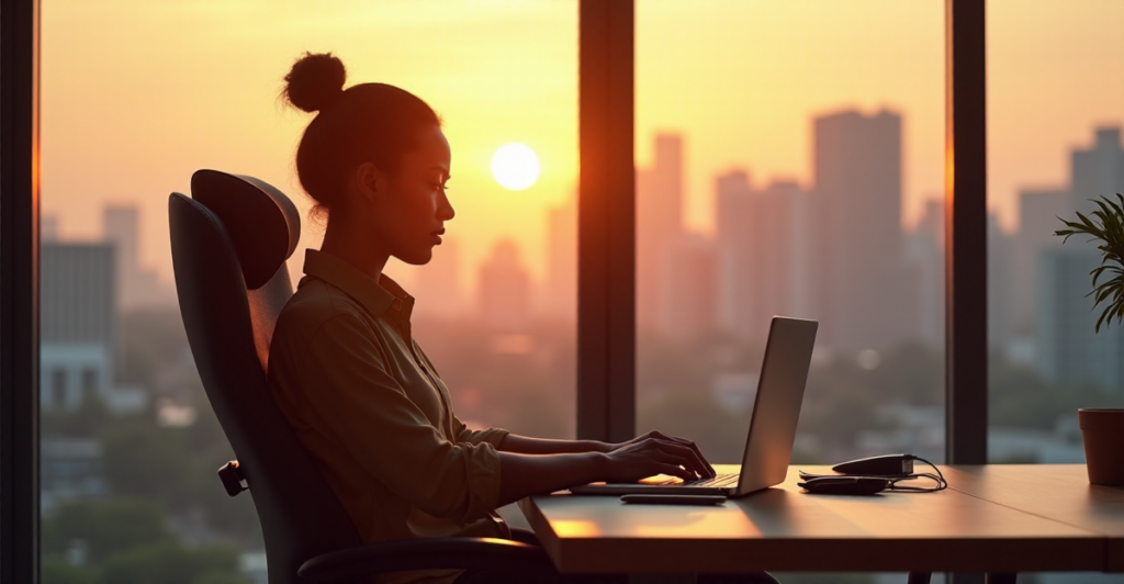 "Image of a focused remote worker in a minimalist home office with serene cityscape at sunset, highlighting future-proof skills through calm concentration."