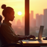 "Image of a focused remote worker in a minimalist home office with serene cityscape at sunset, highlighting future-proof skills through calm concentration."