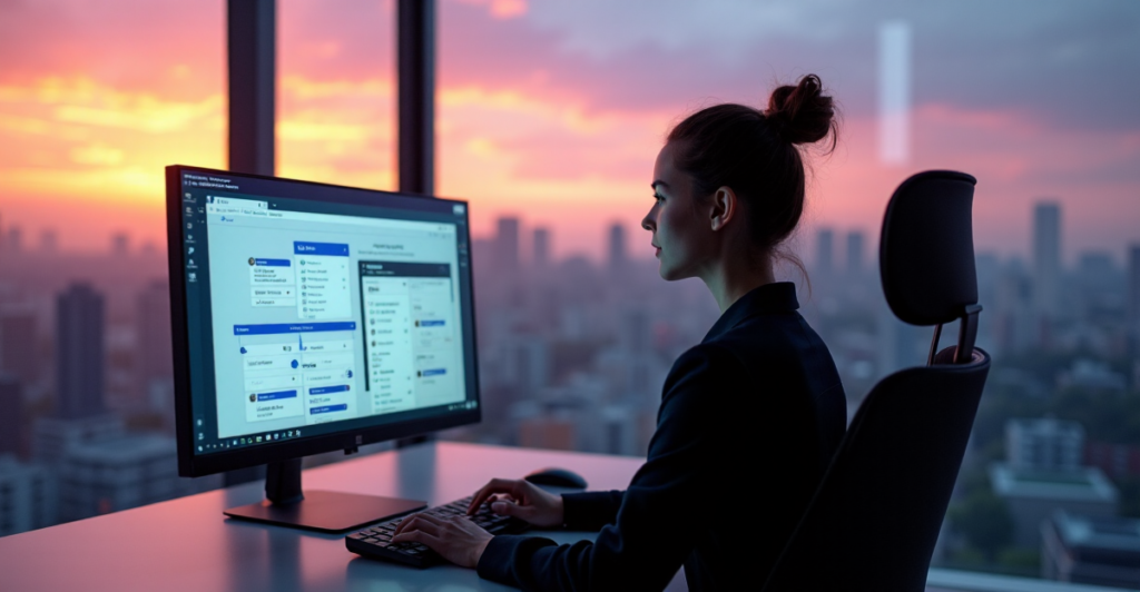 "A young professional woman sits confidently at a minimalist desk in a high-end co-working space, surrounded by virtual workspace tools and projects on her computer monitor, showcasing AI automation skills."
