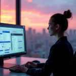 "A young professional woman sits confidently at a minimalist desk in a high-end co-working space, surrounded by virtual workspace tools and projects on her computer monitor, showcasing AI automation skills."
