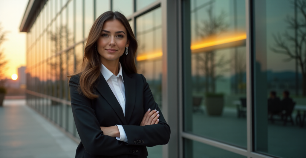 "A young professional woman stands confidently in front of a sleek office building at dusk, exuding determination and focus as she prepares to future-proof her skills."