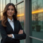 "A young professional woman stands confidently in front of a sleek office building at dusk, exuding determination and focus as she prepares to future-proof her skills."